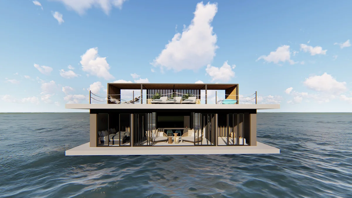 Prednji pogled na Zeppelin Houseboat i terase na dvije razine — vizualizacija projekta